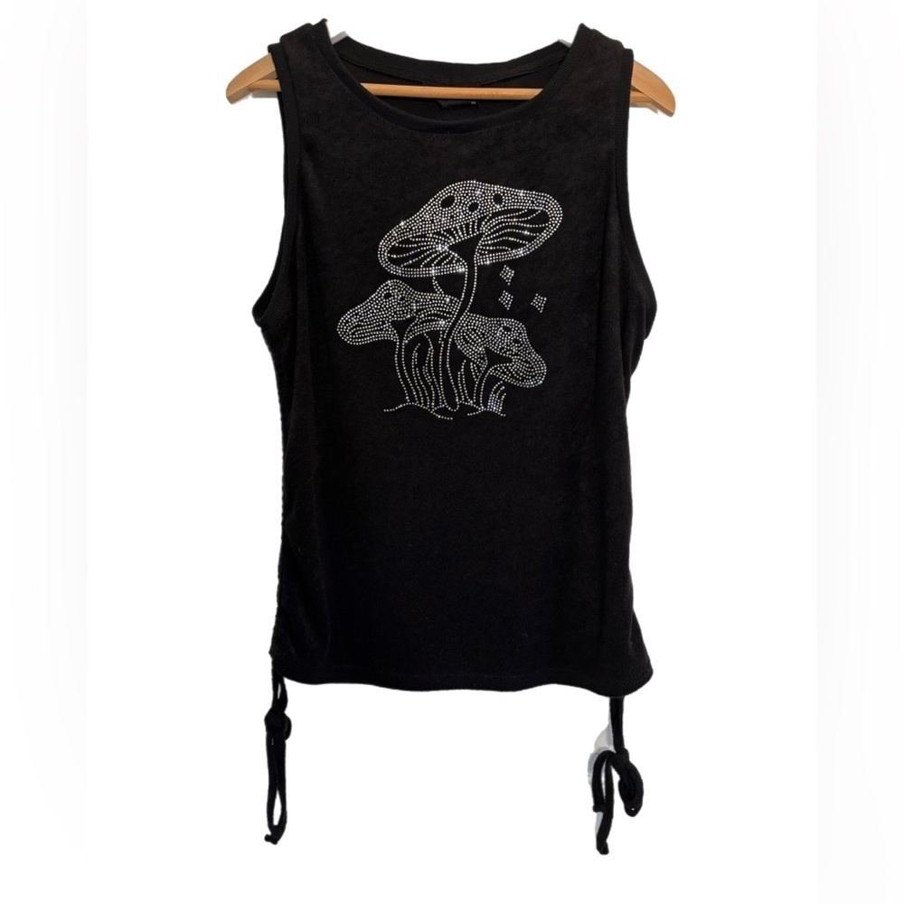 Cider sleeveless black velour top w/ rhinestone mushroom & adjustable sides